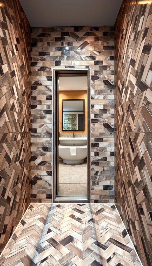A luxurious, spa-like shower enclosure with an exquisite tile pattern covering the walls. The tiles are arranged in a visually striking herringbone layout, with a mix of glossy and matte finishes reflecting the warm, indirect lighting. The foreground showcases a close-up view of the tile texture, highlighting the subtle variations in color and the intricate grouting details. In the middle ground, the shower space opens up, revealing a glass door that allows a glimpse of the adjacent bathroom, creating a sense of openness and seamless integration. The background is softly blurred, maintaining the focus on the captivating tile design that evokes a serene, high-end ambiance.