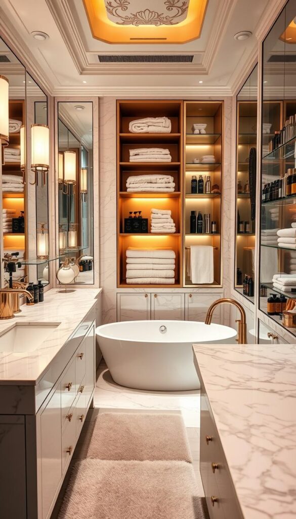A luxurious, well-organized bathroom with gleaming marble countertops, sleek brass fixtures, and meticulously arranged high-end toiletries. Soft, warm lighting casts a gentle glow, creating an atmosphere of tranquility and sophistication. Mirrored cabinets and shelves display neatly organized towels, brushes, and other grooming essentials. The floor is covered in plush, neutral-toned tiles, and a large, freestanding tub sits in the center of the room, inviting relaxation. The overall impression is one of effortless elegance and attention to detail, perfectly capturing the essence of a luxury bathroom. A luxurious, well-organized bathroom with gleaming marble countertops, sleek brass fixtures, and meticulously arranged high-end toiletries. Soft, warm lighting casts a gentle glow, creating an atmosphere of tranquility and sophistication. Mirrored cabinets and shelves display neatly organized towels, brushes, and other grooming essentials. The floor is covered in plush, neutral-toned tiles, and a large, freestanding tub sits in the center of the room, inviting relaxation. The overall impression is one of effortless elegance and attention to detail, perfectly capturing the essence of a luxury bathroom.