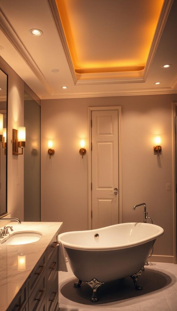 A luxuriously lit bathroom, with a warm, inviting atmosphere. Soft, glowing vanity lights illuminate the space, casting a gentle, golden radiance across the marble countertops and sleek, modern fixtures. Recessed ceiling lights bathe the room in a comforting, ambient glow, while strategically placed wall sconces add depth and dimension. The large, frameless mirror reflects the light, creating a sense of depth and openness. A freestanding, claw-foot tub sits in the corner, beckoning for a relaxing soak under the tranquil lighting. Subtle, dimmable lighting controls allow for customizable ambiance, perfect for setting the mood for a spa-like experience.