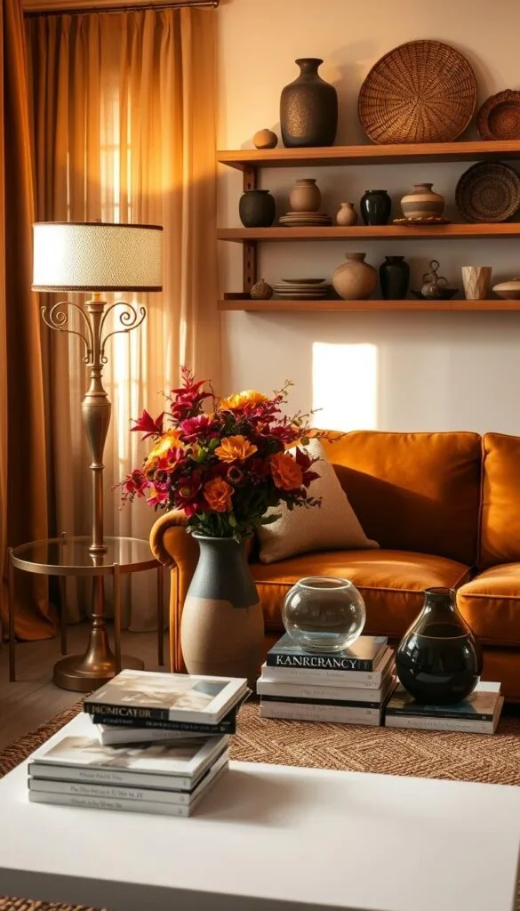 A meticulously curated fall living room, bathed in warm, golden light filtering through sheer curtains. In the foreground, an ornate, aged brass floor lamp casts a cozy glow over a plush, autumnal-hued velvet armchair. On a wooden side table, a sculptural ceramic vase holds a lush bouquet of seasonal blooms. Atop a woven area rug, a sleek, minimalist coffee table displays a stack of design magazines and a hand-blown glass candle holder. In the background, a wall-mounted natural wood shelf showcases an artful arrangement of decorative objects, from weathered ceramics to textured woven baskets, creating a harmonious balance of form and function.
