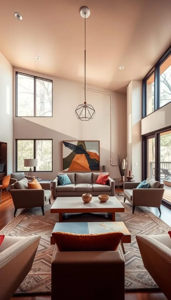 A mid-century modern living room, bathed in warm, natural light filtering through large windows. Clean, geometric lines define the sleek, low-profile furniture - a plush sofa with sharp angles, angular armchairs, and a minimalist coffee table with a smooth, rectangular surface. The palette is a harmonious blend of earthy tones, with touches of vibrant hues in accent pieces. Geometric patterns in the area rug and throw pillows echo the architectural forms, creating a visually striking and cohesive space. The lighting is a combination of a central, sculptural pendant and subtle, recessed fixtures, casting a soft, ambient glow. The overall atmosphere is one of refined elegance, where form and function seamlessly converge. A mid-century modern living room, bathed in warm, natural light filtering through large windows. Clean, geometric lines define the sleek, low-profile furniture - a plush sofa with sharp angles, angular armchairs, and a minimalist coffee table with a smooth, rectangular surface. The palette is a harmonious blend of earthy tones, with touches of vibrant hues in accent pieces. Geometric patterns in the area rug and throw pillows echo the architectural forms, creating a visually striking and cohesive space. The lighting is a combination of a central, sculptural pendant and subtle, recessed fixtures, casting a soft, ambient glow. The overall atmosphere is one of refined elegance, where form and function seamlessly converge.