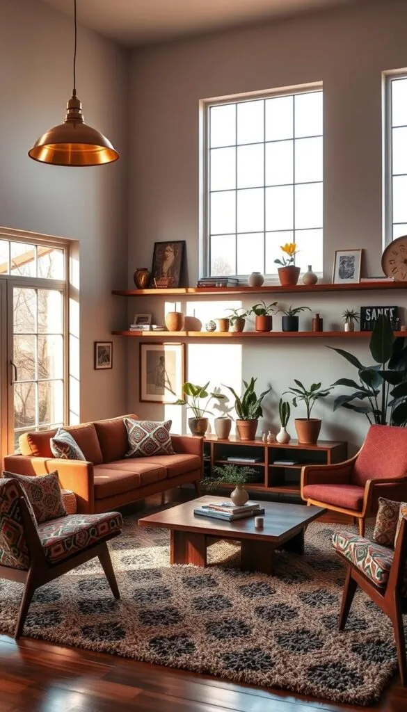 A mid-century modern living room, bathed in warm, natural light filtering through large picture windows. A plush, earth-toned sofa with sleek, tapered legs anchors the space, complemented by a low-profile, walnut-finished coffee table. Accent chairs in vibrant, geometric patterns add pops of color, while a shag area rug in muted tones grounds the room. Wall-mounted shelves display an eclectic mix of vintage decor and potted plants, casting intriguing shadows. Minimalist lighting fixtures, such as a pendant lamp with a brushed brass finish, provide a soft, ambient glow. The overall atmosphere exudes a timeless, sophisticated charm that seamlessly blends the past and present. A mid-century modern living room, bathed in warm, natural light filtering through large picture windows. A plush, earth-toned sofa with sleek, tapered legs anchors the space, complemented by a low-profile, walnut-finished coffee table. Accent chairs in vibrant, geometric patterns add pops of color, while a shag area rug in muted tones grounds the room. Wall-mounted shelves display an eclectic mix of vintage decor and potted plants, casting intriguing shadows. Minimalist lighting fixtures, such as a pendant lamp with a brushed brass finish, provide a soft, ambient glow. The overall atmosphere exudes a timeless, sophisticated charm that seamlessly blends the past and present.