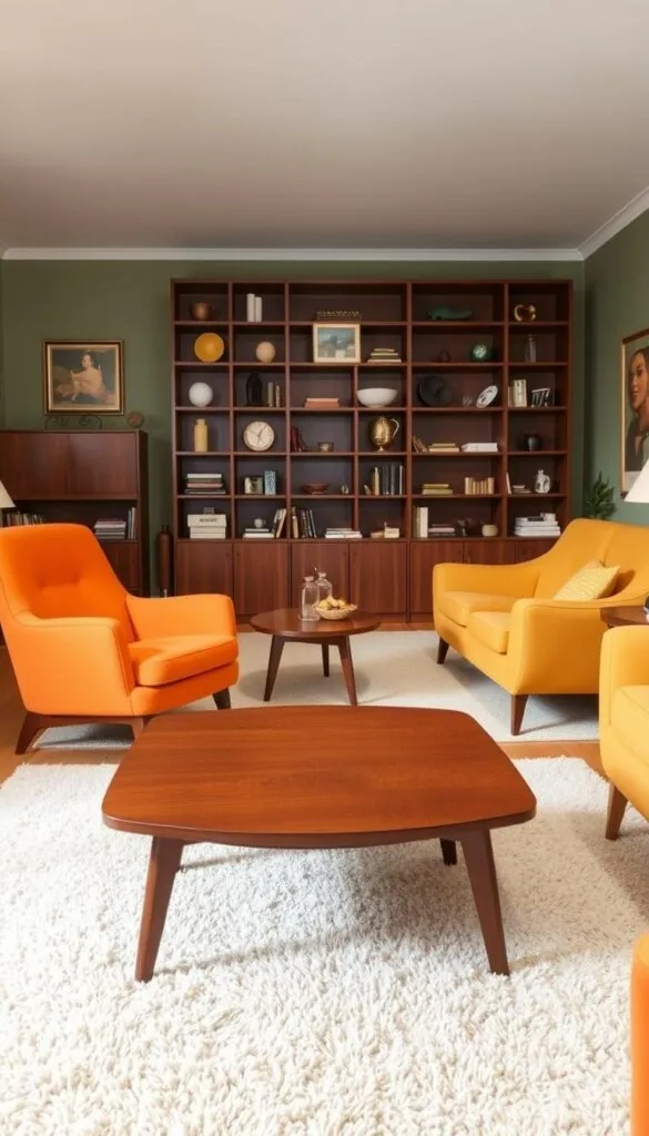 A mid-century modern living room filled with iconic retro furniture pieces. In the foreground, a sleek teak coffee table with tapered legs sits atop a plush, low-pile shag rug. Surrounding it, a pair of elegant, curved armchairs upholstered in a vibrant orange fabric, and a matching loveseat in a complementary mustard hue. In the middle ground, a towering, free-standing bookshelf in a rich walnut finish, its shelves adorned with vintage knick-knacks and mid-century decor. The room is bathed in warm, diffused lighting, creating a cozy, inviting atmosphere. The walls are painted in a soft, muted green, providing a neutral backdrop that allows the retro furniture to take center stage. A mid-century modern living room filled with iconic retro furniture pieces. In the foreground, a sleek teak coffee table with tapered legs sits atop a plush, low-pile shag rug. Surrounding it, a pair of elegant, curved armchairs upholstered in a vibrant orange fabric, and a matching loveseat in a complementary mustard hue. In the middle ground, a towering, free-standing bookshelf in a rich walnut finish, its shelves adorned with vintage knick-knacks and mid-century decor. The room is bathed in warm, diffused lighting, creating a cozy, inviting atmosphere. The walls are painted in a soft, muted green, providing a neutral backdrop that allows the retro furniture to take center stage.