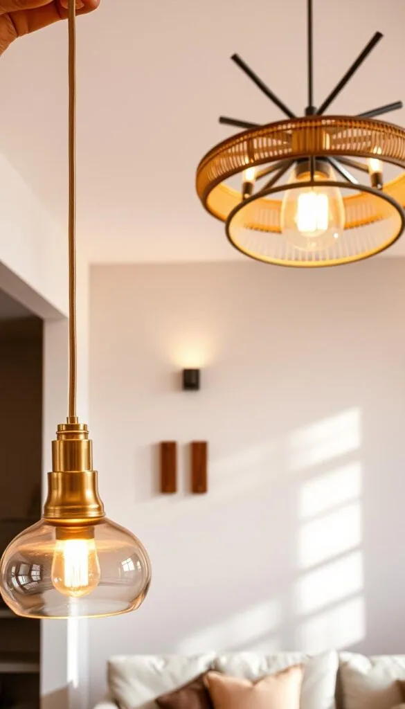 A mid-century modern living room with a stunning arrangement of mixed-material lighting fixtures. In the foreground, a sleek brass pendant lamp with a domed glass shade casts a warm glow. In the middle ground, a pair of minimalist wall sconces featuring a combination of wood and brushed steel frames. Across the room, a large, geometric chandelier with a mix of metal, glass, and natural rattan elements hangs elegantly from the high ceiling. The lighting creates a cozy, inviting atmosphere, perfectly complementing the neutral color palette and natural textures of the furnishings. Shadows and highlights interplay, adding depth and dimension to the space. A mid-century modern living room with a stunning arrangement of mixed-material lighting fixtures. In the foreground, a sleek brass pendant lamp with a domed glass shade casts a warm glow. In the middle ground, a pair of minimalist wall sconces featuring a combination of wood and brushed steel frames. Across the room, a large, geometric chandelier with a mix of metal, glass, and natural rattan elements hangs elegantly from the high ceiling. The lighting creates a cozy, inviting atmosphere, perfectly complementing the neutral color palette and natural textures of the furnishings. Shadows and highlights interplay, adding depth and dimension to the space.