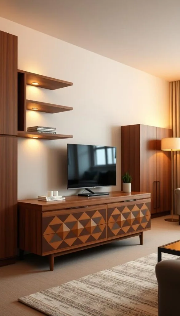 A mid-century modern living room with stylish, functional storage solutions featuring geometric patterns. In the foreground, sleek, wooden cabinets and shelves with clean lines and angular designs. In the middle ground, a low, minimalist credenza showcasing a repeating, diamond-shaped motif across its drawers. The background is filled with warm, diffused lighting, casting a soft, elegant glow over the space. The overall atmosphere is one of sophistication and practicality, perfectly capturing the essence of mid-century modern design. A mid-century modern living room with stylish, functional storage solutions featuring geometric patterns. In the foreground, sleek, wooden cabinets and shelves with clean lines and angular designs. In the middle ground, a low, minimalist credenza showcasing a repeating, diamond-shaped motif across its drawers. The background is filled with warm, diffused lighting, casting a soft, elegant glow over the space. The overall atmosphere is one of sophistication and practicality, perfectly capturing the essence of mid-century modern design.