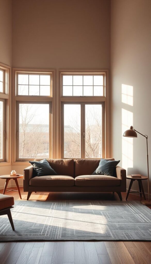 A mid-century modern minimalist living room bathed in warm, natural light from large picture windows. A sleek, low-profile sofa in a muted, earthy tone anchors the space, flanked by slim, tapered wooden side tables. A geometric area rug in shades of gray grounds the room, while a minimalist, metal floor lamp casts a soft, ambient glow. The walls are painted in a soft, neutral tone, allowing the clean lines and timeless design of the furnishings to take center stage. The overall atmosphere is one of understated elegance and timeless sophistication.