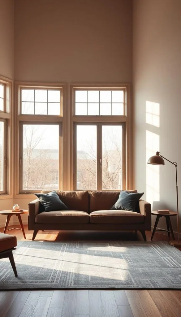 A mid-century modern minimalist living room bathed in warm, natural light from large picture windows. A sleek, low-profile sofa in a muted, earthy tone anchors the space, flanked by slim, tapered wooden side tables. A geometric area rug in shades of gray grounds the room, while a minimalist, metal floor lamp casts a soft, ambient glow. The walls are painted in a soft, neutral tone, allowing the clean lines and timeless design of the furnishings to take center stage. The overall atmosphere is one of understated elegance and timeless sophistication.
