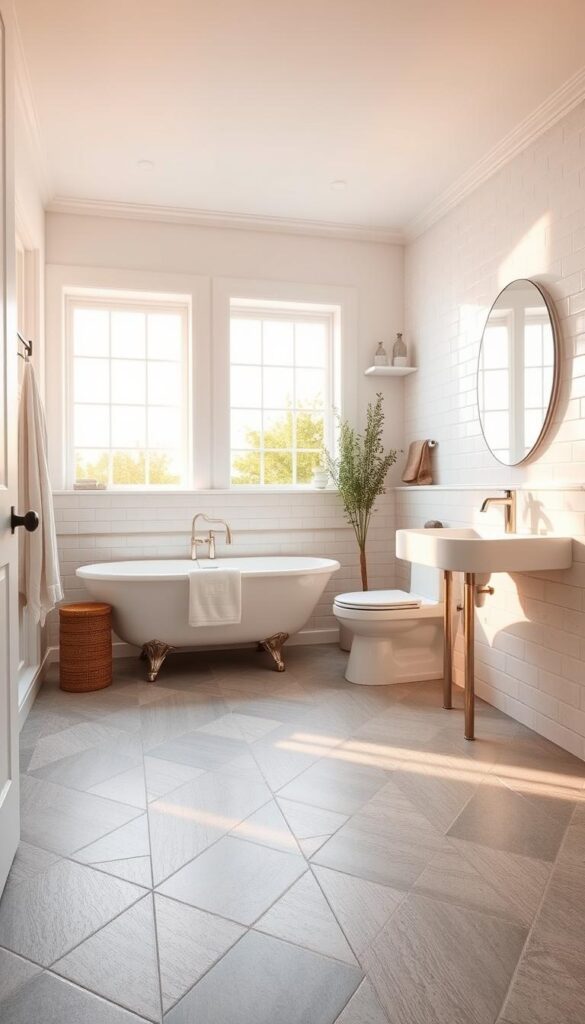 A mid-range bathroom with a clean, modern aesthetic. A well-lit room with warm, natural lighting streaming through large windows, illuminating a neutral-toned tile floor in a staggered, herringbone pattern. The walls are adorned with a mix of medium-sized, matte gray tiles and white subway tiles, creating a sleek and cohesive look. Subtle accent tiles in a soft, earthy tone add a touch of warmth and visual interest. The overall atmosphere is one of understated elegance and practicality, striking a balance between style and affordability. A mid-range bathroom with a clean, modern aesthetic. A well-lit room with warm, natural lighting streaming through large windows, illuminating a neutral-toned tile floor in a staggered, herringbone pattern. The walls are adorned with a mix of medium-sized, matte gray tiles and white subway tiles, creating a sleek and cohesive look. Subtle accent tiles in a soft, earthy tone add a touch of warmth and visual interest. The overall atmosphere is one of understated elegance and practicality, striking a balance between style and affordability.