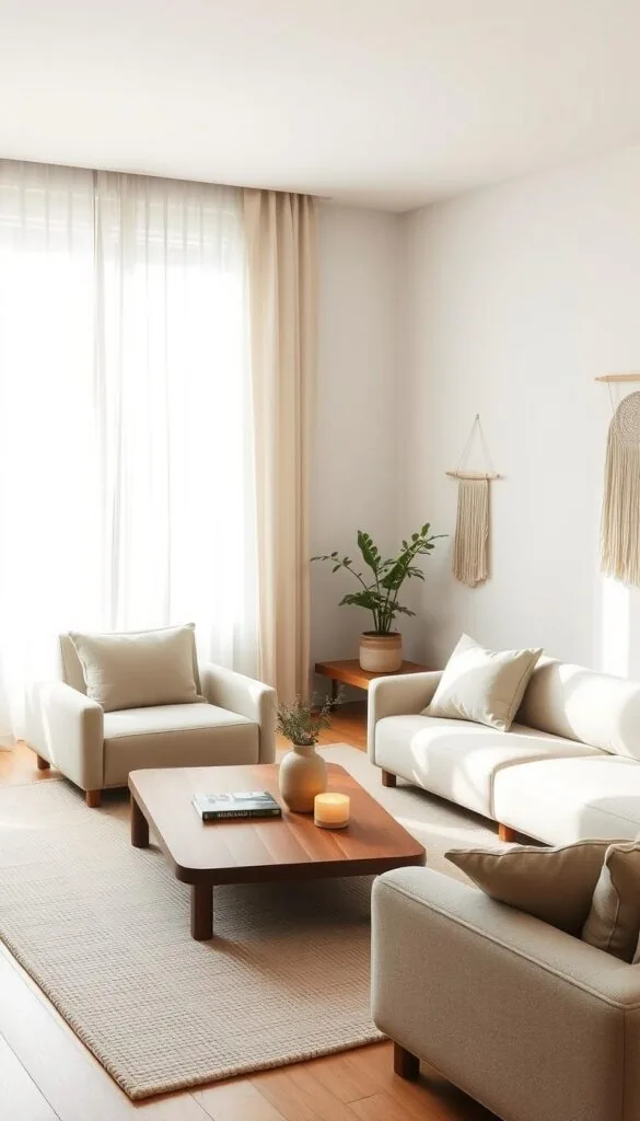A minimalist Japanese-inspired living room with clean lines, natural materials, and a muted color palette. Soft, diffused lighting filters through sheer curtains, casting a warm glow. The focal point is a low, wooden coffee table surrounded by plush, neutral-toned seating. Accent pieces, such as a potted plant and a simple wall hanging, add subtle Scandinavian design touches. The overall atmosphere is one of tranquility and understated elegance.