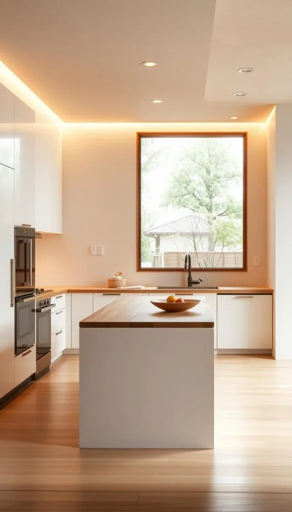 A minimalist Japanese kitchen with clean lines and natural materials. A focal point is a low-profile island with a wooden countertop, surrounded by simple white cabinets and sleek stainless steel appliances. Soft, indirect lighting creates a warm, zen-like ambiance. In the background, a large window offers a serene garden view, blurring the line between indoor and outdoor. The overall impression is one of functional elegance and a deep connection to nature, embodying the essence of the Japanese culinary and dining experience. A minimalist Japanese kitchen with clean lines and natural materials. A focal point is a low-profile island with a wooden countertop, surrounded by simple white cabinets and sleek stainless steel appliances. Soft, indirect lighting creates a warm, zen-like ambiance. In the background, a large window offers a serene garden view, blurring the line between indoor and outdoor. The overall impression is one of functional elegance and a deep connection to nature, embodying the essence of the Japanese culinary and dining experience.