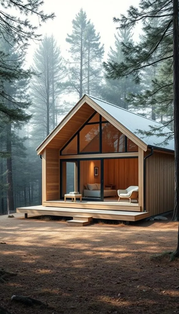 A minimalist, Scandinavian-inspired cabin nestled in a lush, natural setting. Clean, geometric lines define the structure, with a sleek, angular roof and large windows that seamlessly blend indoor and outdoor spaces. Warm wood tones contrast with the cool, muted palette of the surroundings, creating a harmonious, calming atmosphere. Soft, diffused lighting emanates from within, casting a gentle glow and casting long shadows across the forest floor. The cabin appears to be perfectly integrated into the landscape, its modest yet striking design complementing the serene, untouched beauty of the natural environment.
