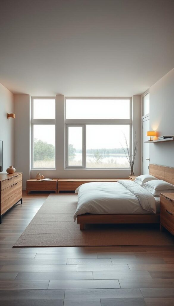 A minimalist bedroom with clean lines, natural textures, and subdued hues. A low, platform bed with crisp white bedding sits on a neutral-toned area rug. Surrounding it are simple wood furniture pieces - a dresser, nightstand, and wall-mounted shelves displaying a few carefully curated decor items. Warm, diffused lighting from a pair of minimalist sconces casts a serene glow. Large windows offer views of a serene outdoor landscape, blurring the boundary between interior and exterior. The overall atmosphere is one of tranquility, enabling rest and relaxation.