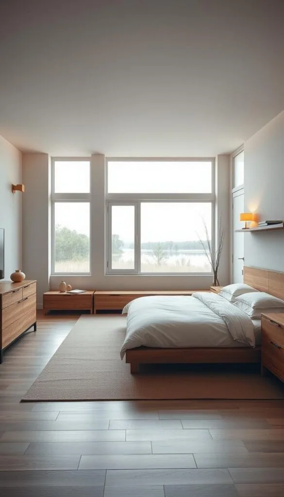 A minimalist bedroom with clean lines, natural textures, and subdued hues. A low, platform bed with crisp white bedding sits on a neutral-toned area rug. Surrounding it are simple wood furniture pieces - a dresser, nightstand, and wall-mounted shelves displaying a few carefully curated decor items. Warm, diffused lighting from a pair of minimalist sconces casts a serene glow. Large windows offer views of a serene outdoor landscape, blurring the boundary between interior and exterior. The overall atmosphere is one of tranquility, enabling rest and relaxation.