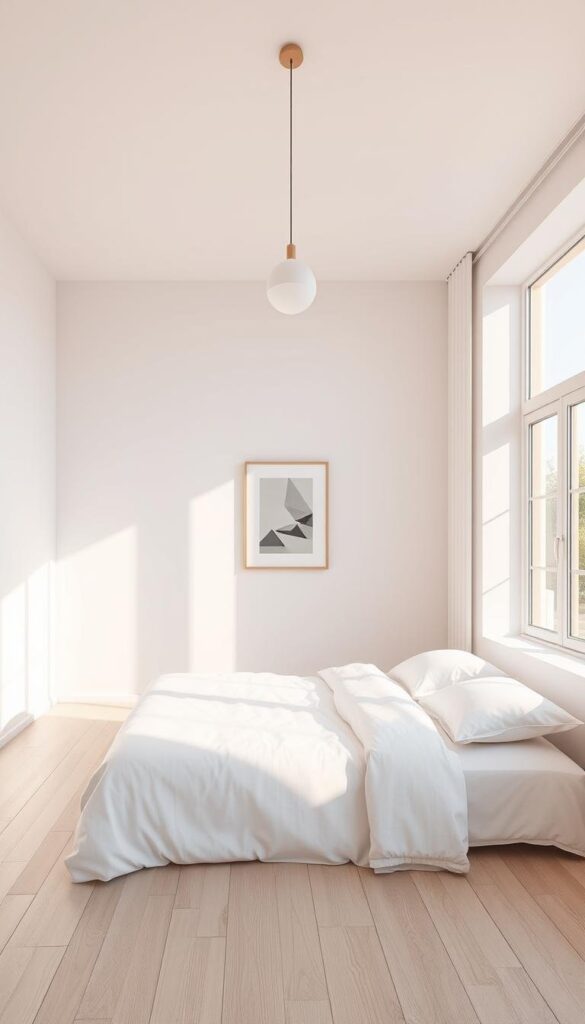 A minimalist bedroom with clean lines, sparse furnishings, and a focus on natural lighting. The room is bathed in soft, warm illumination from a large window, casting a gentle glow on the pale wooden floors and white textiles. A single, minimal pendant light hangs overhead, providing a subtle accent. The walls are bare, save for a single, framed piece of abstract art. The atmosphere is serene and tranquil, inviting rest and relaxation.