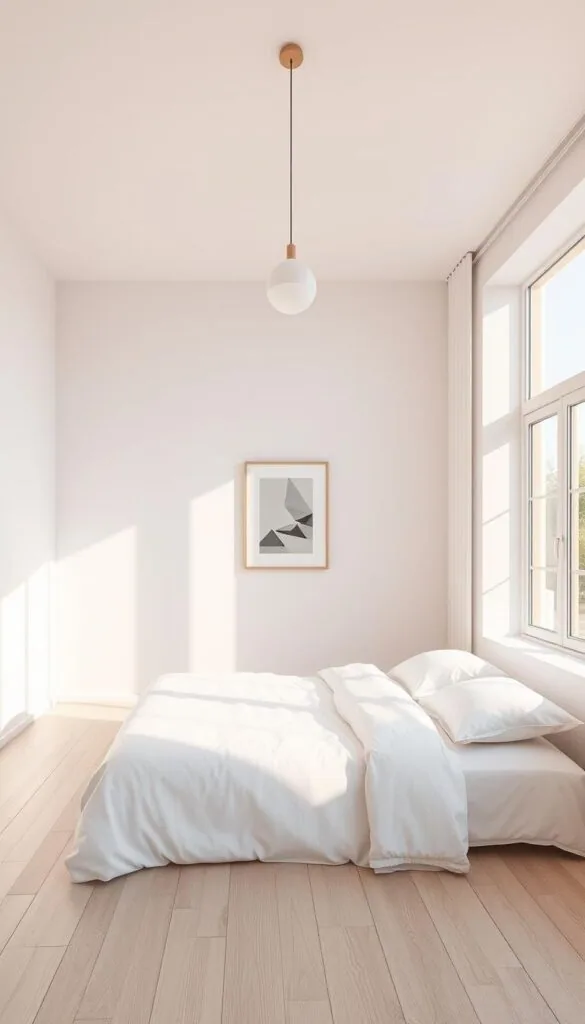 A minimalist bedroom with clean lines, sparse furnishings, and a focus on natural lighting. The room is bathed in soft, warm illumination from a large window, casting a gentle glow on the pale wooden floors and white textiles. A single, minimal pendant light hangs overhead, providing a subtle accent. The walls are bare, save for a single, framed piece of abstract art. The atmosphere is serene and tranquil, inviting rest and relaxation.