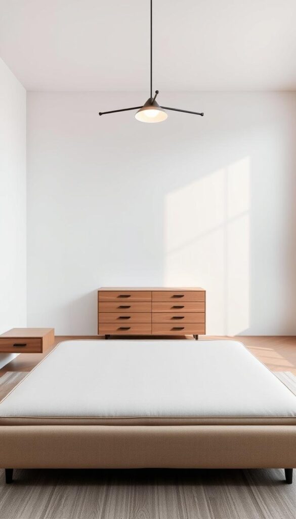 A minimalist bedroom with contemporary, high-quality furniture. In the foreground, a low-profile platform bed with clean lines and a neutral-toned upholstered headboard. Floating nightstands with subtle drawer pulls flank the bed. In the middle ground, a sleek, rectangular dresser with integrated handles sits against the wall. Overhead, a minimalist light fixture casts a warm, diffused glow throughout the space. The background features bare, white walls and a large window allowing natural light to flood the room, creating a serene, calming atmosphere.