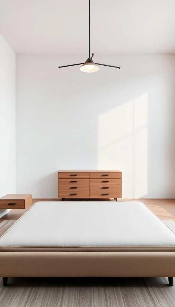 A minimalist bedroom with contemporary, high-quality furniture. In the foreground, a low-profile platform bed with clean lines and a neutral-toned upholstered headboard. Floating nightstands with subtle drawer pulls flank the bed. In the middle ground, a sleek, rectangular dresser with integrated handles sits against the wall. Overhead, a minimalist light fixture casts a warm, diffused glow throughout the space. The background features bare, white walls and a large window allowing natural light to flood the room, creating a serene, calming atmosphere.