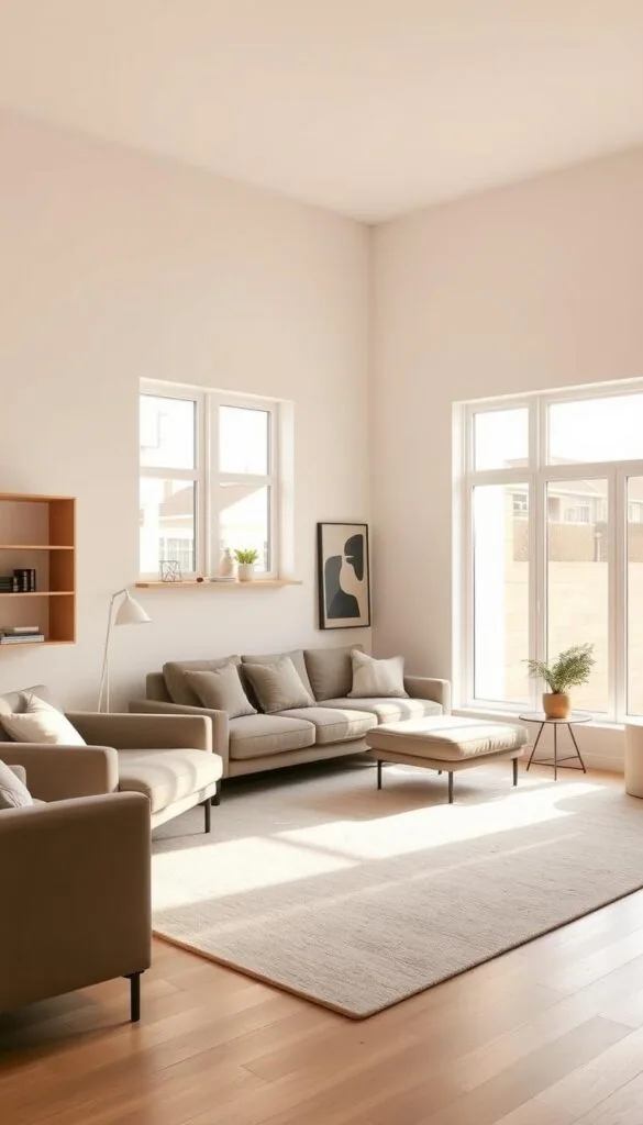 A minimalist living room with a cozy seating arrangement, featuring a plush sofa, armchair, and ottoman in shades of beige and gray. The room is bathed in warm, natural light filtering through large windows, highlighting the clean lines and uncluttered design. Sleek, wall-mounted shelving and a low-profile coffee table optimize the available space, while a few carefully curated decorative elements, such as a potted plant and abstract artwork, add visual interest. The overall atmosphere exudes a sense of calm and intentionality, exemplifying the principles of small space planning and design.