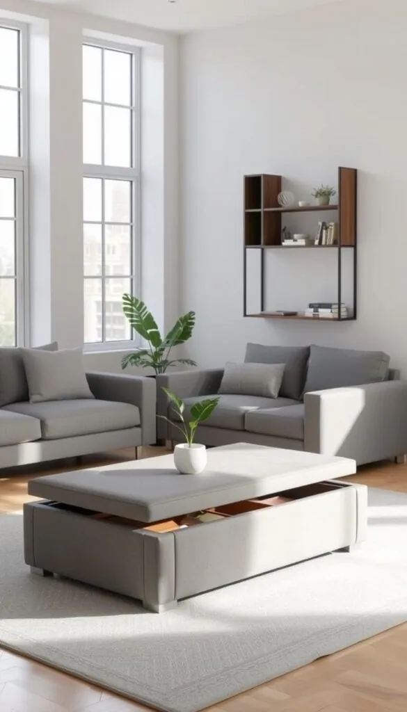 A minimalist living room with a multifunctional ottoman-coffee table centerpiece. Bright, airy space with large windows and soft, natural lighting from the side. Sleek, contemporary furnishings in muted tones of gray and white. The ottoman has hidden storage compartments and can be used as extra seating. A wall-mounted shelving unit provides display and storage space without taking up floor area. Geometric area rug and potted plant add subtle pops of color. The layout is open and inviting, optimizing the limited square footage through clever, space-saving design.