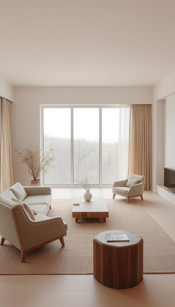 A minimalist living room with a tranquil, philosophical atmosphere. Neutral tones of beige, gray, and white create a calming, contemplative space. Soft, diffused lighting illuminates clean-lined furniture - a low-profile sofa, an angular armchair, and a simple wooden coffee table. The room's layout emphasizes open, uncluttered space, encouraging mindful introspection. Muted textures, such as woven rugs and linen curtains, add depth without distraction. Expansive windows draw the eye outward, framing a serene, natural landscape. This serene, pared-down interior embodies the essence of minimalist living room philosophy.