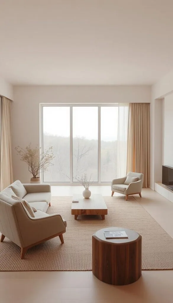 A minimalist living room with a tranquil, philosophical atmosphere. Neutral tones of beige, gray, and white create a calming, contemplative space. Soft, diffused lighting illuminates clean-lined furniture - a low-profile sofa, an angular armchair, and a simple wooden coffee table. The room's layout emphasizes open, uncluttered space, encouraging mindful introspection. Muted textures, such as woven rugs and linen curtains, add depth without distraction. Expansive windows draw the eye outward, framing a serene, natural landscape. This serene, pared-down interior embodies the essence of minimalist living room philosophy.