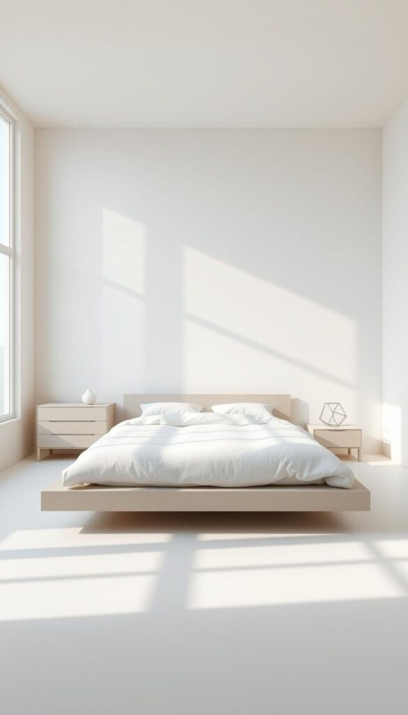 A minimalist modern bedroom with an airy, serene atmosphere. A clean-lined platform bed with a plush white duvet dominates the center of the frame, illuminated by soft, natural lighting pouring in through large windows. The walls are painted a calming, neutral shade, and the sparse, carefully curated decor includes a low-profile dresser and a simple, geometric bedside table. The overall design conveys a sense of simplicity, tranquility, and understated elegance.