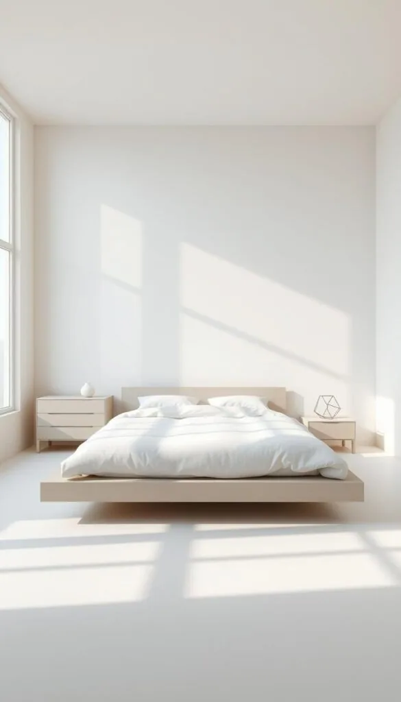 A minimalist modern bedroom with an airy, serene atmosphere. A clean-lined platform bed with a plush white duvet dominates the center of the frame, illuminated by soft, natural lighting pouring in through large windows. The walls are painted a calming, neutral shade, and the sparse, carefully curated decor includes a low-profile dresser and a simple, geometric bedside table. The overall design conveys a sense of simplicity, tranquility, and understated elegance.