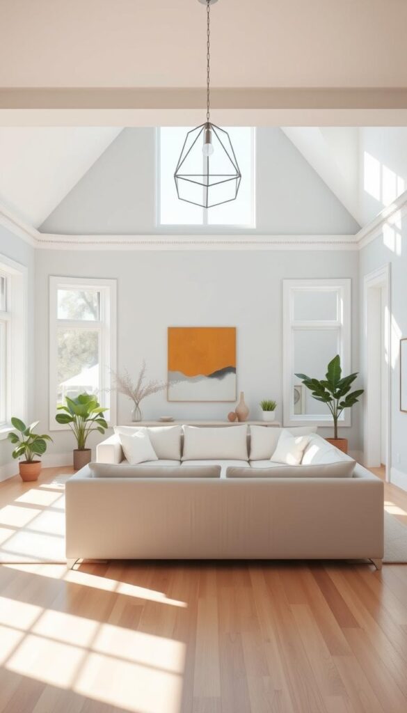 A minimalist open living room with a bright, airy color scheme. The focal point is a large, plush sectional sofa in a soft, neutral tone, positioned in the middle of the frame. Sunlight streams in through expansive windows, casting a warm glow across the space. The walls are painted in a soothing, pale blue-gray hue, complemented by white trim and accents. Decorative elements, such as potted plants and abstract wall art, add pops of color and texture. The hardwood floors are finished in a light, natural tone, tying the whole design together. Overhead, a modern, geometric light fixture casts a gentle, ambient illumination, creating a serene and inviting atmosphere.
