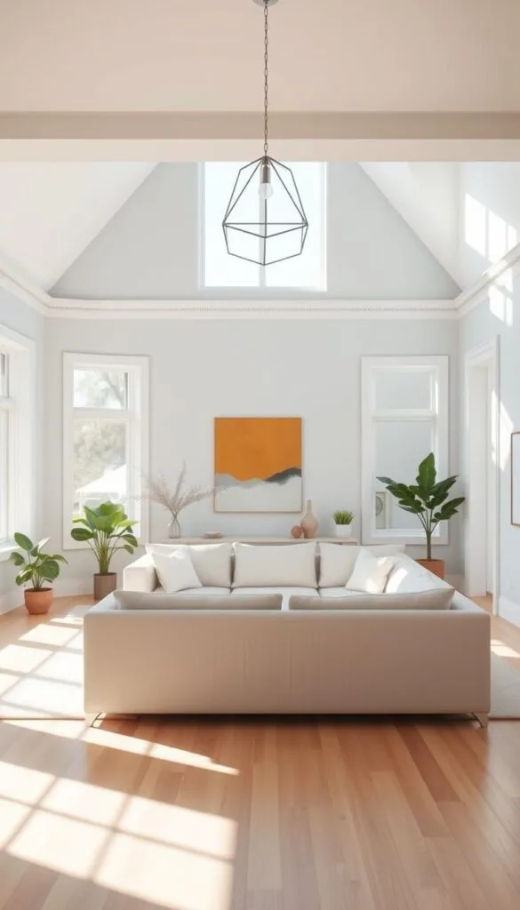A minimalist open living room with a bright, airy color scheme. The focal point is a large, plush sectional sofa in a soft, neutral tone, positioned in the middle of the frame. Sunlight streams in through expansive windows, casting a warm glow across the space. The walls are painted in a soothing, pale blue-gray hue, complemented by white trim and accents. Decorative elements, such as potted plants and abstract wall art, add pops of color and texture. The hardwood floors are finished in a light, natural tone, tying the whole design together. Overhead, a modern, geometric light fixture casts a gentle, ambient illumination, creating a serene and inviting atmosphere.