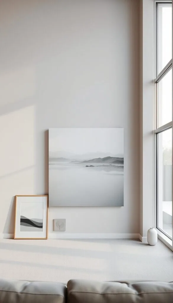 A minimalist scandinavian-style interior with a large wall featuring elegant, abstract art pieces. The wall is painted in a soft, light grey color, creating a calm and serene atmosphere. In the foreground, there are two simple, wooden frames displaying monochrome prints with clean geometric patterns. In the middle ground, a large canvas showcases a striking, minimalist landscape painting in muted tones of blue and green. The background is filled with diffused, natural lighting coming through large windows, casting a warm glow throughout the space. The overall impression is one of understated sophistication and Nordic simplicity. A minimalist scandinavian-style interior with a large wall featuring elegant, abstract art pieces. The wall is painted in a soft, light grey color, creating a calm and serene atmosphere. In the foreground, there are two simple, wooden frames displaying monochrome prints with clean geometric patterns. In the middle ground, a large canvas showcases a striking, minimalist landscape painting in muted tones of blue and green. The background is filled with diffused, natural lighting coming through large windows, casting a warm glow throughout the space. The overall impression is one of understated sophistication and Nordic simplicity.