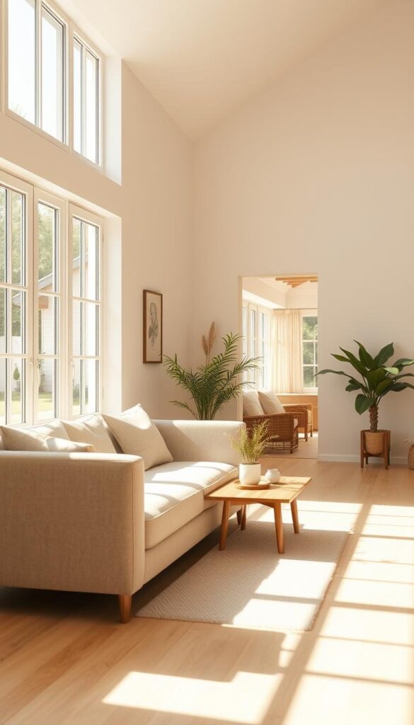 A minimalist summer home interior, bathed in warm, natural light filtering through large windows. The foreground features a simple, streamlined sofa in a neutral tone, complemented by a low, wooden coffee table. Midground showcases a small, potted plant and a few carefully curated decorative objects, creating a sense of balance and tranquility. The background reveals whitewashed walls, a vaulted ceiling, and a glimpse of an outdoor patio, blurring the lines between indoor and outdoor living. The overall atmosphere exudes a calming, airy ambiance, embodying the essence of minimalist summer aesthetics. A minimalist summer home interior, bathed in warm, natural light filtering through large windows. The foreground features a simple, streamlined sofa in a neutral tone, complemented by a low, wooden coffee table. Midground showcases a small, potted plant and a few carefully curated decorative objects, creating a sense of balance and tranquility. The background reveals whitewashed walls, a vaulted ceiling, and a glimpse of an outdoor patio, blurring the lines between indoor and outdoor living. The overall atmosphere exudes a calming, airy ambiance, embodying the essence of minimalist summer aesthetics.