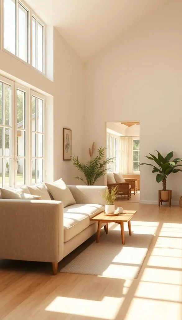 A minimalist summer home interior, bathed in warm, natural light filtering through large windows. The foreground features a simple, streamlined sofa in a neutral tone, complemented by a low, wooden coffee table. Midground showcases a small, potted plant and a few carefully curated decorative objects, creating a sense of balance and tranquility. The background reveals whitewashed walls, a vaulted ceiling, and a glimpse of an outdoor patio, blurring the lines between indoor and outdoor living. The overall atmosphere exudes a calming, airy ambiance, embodying the essence of minimalist summer aesthetics.