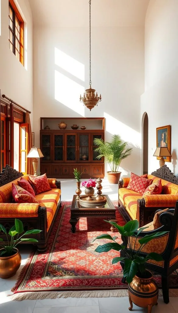 A modern Indian-inspired living room bathed in warm, natural light. Intricately carved, dark-wood furniture stands in contrast to crisp white walls. Vibrant textiles in rich jewel tones - think deep reds, indigos, and golds - adorn plush sofas and armchairs. Ornate brass lamps and decorative trays add a touch of heritage. Decorative Indian-style rugs ground the space, complemented by potted plants and traditional brass or ceramic accents. The overall atmosphere is one of refined elegance, blending the best of Indian tradition with a contemporary, minimalist aesthetic.