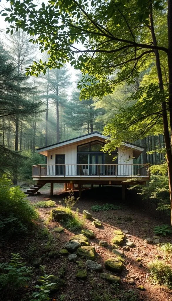 A modern Scandinavian cabin nestled on an elevated foundation, seamlessly blending with the natural landscape. The cabin's clean lines and neutral tones are accentuated by soft, diffused natural lighting filtering through the surrounding lush greenery. The elevated platform preserves the untouched ground below, allowing the native flora and fauna to thrive undisturbed. The cabin's design features large windows and an expansive deck, inviting the outdoors in and providing unobstructed views of the serene forest setting. The tranquil atmosphere evokes a sense of harmony between the built structure and the pristine natural environment.