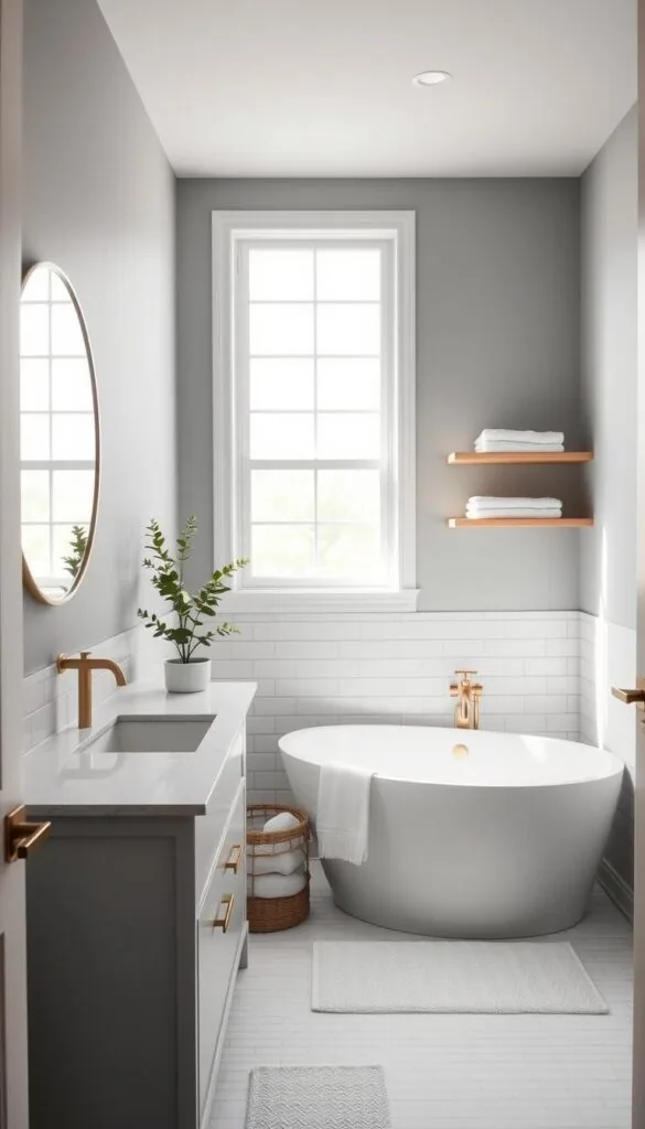 A modern and elegant guest bathroom design with a soothing color palette. The room is bathed in soft, diffused natural light streaming through a large window, illuminating the clean, minimalist lines of the vanity, floating shelves, and freestanding bathtub. The walls are painted in a serene, muted blue-gray tone, complemented by crisp white subway tiles and brushed brass fixtures. Plush white towels and a potted plant add natural touches, while a circular mirror above the vanity reflects the tranquil atmosphere. The overall impression is one of calm, sophistication, and attention to detail, creating a welcoming and relaxing space for guests.
