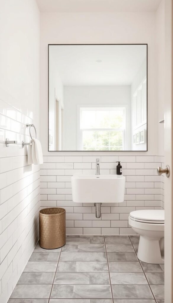 A modern and inviting bathroom with a freshly updated tile design. The foreground features a clean, minimalist white subway tile backsplash, accented by sleek black grout lines. In the middle ground, a mix of light gray square tiles covers the floor, creating a cohesive and contemporary look. The background showcases a large statement mirror, reflecting the natural light streaming in through the window and highlighting the crisp, airy atmosphere. The scene is illuminated by a soft, warm lighting that casts a cozy, spa-like ambiance. The overall composition emphasizes the transformative power of simple yet stylish tile updates to elevate a small bathroom. A modern and inviting bathroom with a freshly updated tile design. The foreground features a clean, minimalist white subway tile backsplash, accented by sleek black grout lines. In the middle ground, a mix of light gray square tiles covers the floor, creating a cohesive and contemporary look. The background showcases a large statement mirror, reflecting the natural light streaming in through the window and highlighting the crisp, airy atmosphere. The scene is illuminated by a soft, warm lighting that casts a cozy, spa-like ambiance. The overall composition emphasizes the transformative power of simple yet stylish tile updates to elevate a small bathroom.