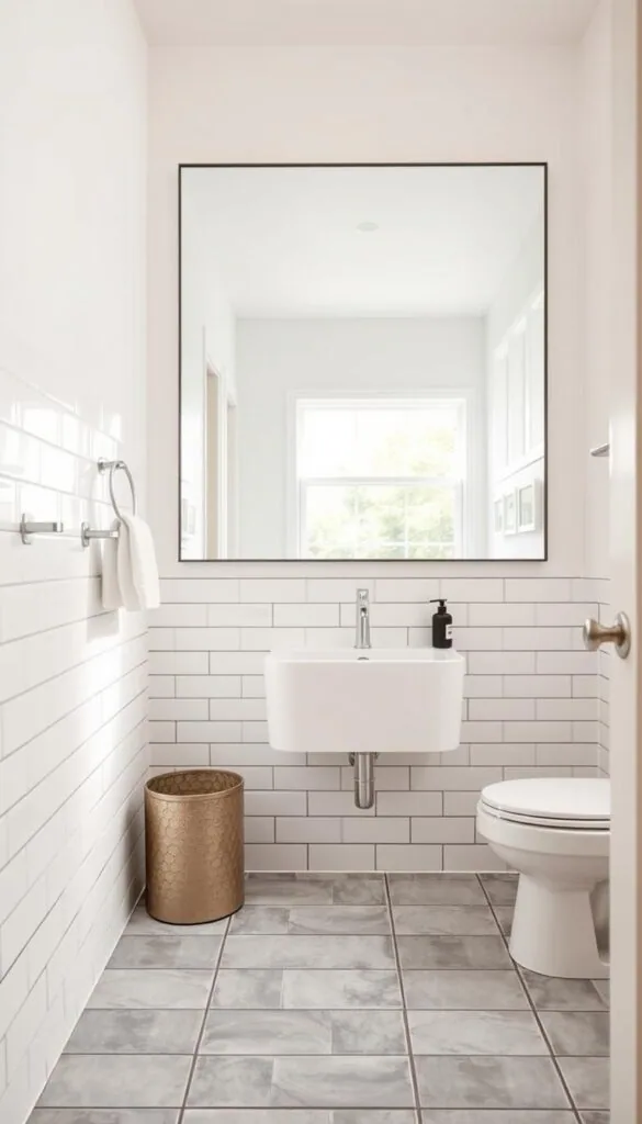 A modern and inviting bathroom with a freshly updated tile design. The foreground features a clean, minimalist white subway tile backsplash, accented by sleek black grout lines. In the middle ground, a mix of light gray square tiles covers the floor, creating a cohesive and contemporary look. The background showcases a large statement mirror, reflecting the natural light streaming in through the window and highlighting the crisp, airy atmosphere. The scene is illuminated by a soft, warm lighting that casts a cozy, spa-like ambiance. The overall composition emphasizes the transformative power of simple yet stylish tile updates to elevate a small bathroom. A modern and inviting bathroom with a freshly updated tile design. The foreground features a clean, minimalist white subway tile backsplash, accented by sleek black grout lines. In the middle ground, a mix of light gray square tiles covers the floor, creating a cohesive and contemporary look. The background showcases a large statement mirror, reflecting the natural light streaming in through the window and highlighting the crisp, airy atmosphere. The scene is illuminated by a soft, warm lighting that casts a cozy, spa-like ambiance. The overall composition emphasizes the transformative power of simple yet stylish tile updates to elevate a small bathroom.