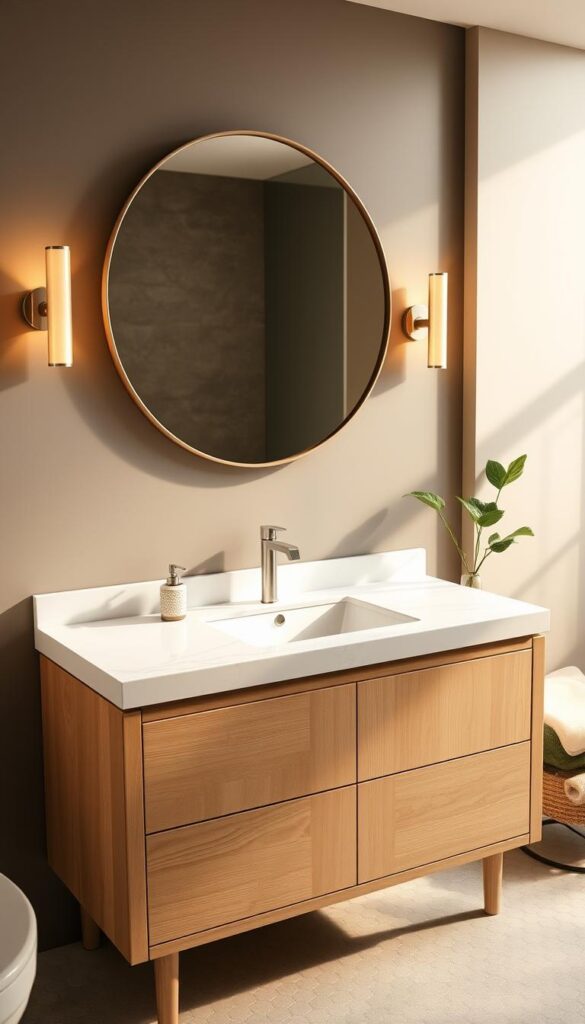 A modern and minimalist bathroom vanity in a warm, cozy atmosphere. The vanity is made of light-colored wood with clean lines and a sleek, rectangular shape. The countertop is a crisp, white quartz with subtle veining. A large, round mirror with a metal frame hangs above the vanity, reflecting the warm, diffused lighting from the sconces on either side. The floor is covered in small, hexagonal tiles in a soft, neutral tone. Potted plants and a few carefully selected decorative items add a touch of natural elegance to the space. A modern and minimalist bathroom vanity in a warm, cozy atmosphere. The vanity is made of light-colored wood with clean lines and a sleek, rectangular shape. The countertop is a crisp, white quartz with subtle veining. A large, round mirror with a metal frame hangs above the vanity, reflecting the warm, diffused lighting from the sconces on either side. The floor is covered in small, hexagonal tiles in a soft, neutral tone. Potted plants and a few carefully selected decorative items add a touch of natural elegance to the space.