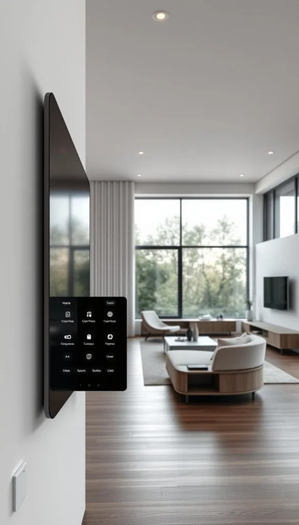 A modern and minimalist smart home interior with sleek, integrated technology. In the foreground, a floating touchscreen panel displays various home control options. The middle ground features a stylish mix of furniture, including a curved sofa and a floating media unit with hidden speakers. In the background, a large window provides ample natural light, illuminating the space and seamlessly blending the indoor and outdoor environments. The color palette is a harmonious blend of whites, grays, and natural wood tones, creating a calming and sophisticated atmosphere. Subtle ambient lighting and discreet smart home sensors elevate the space, showcasing the future of elegant, high-tech home decor.
