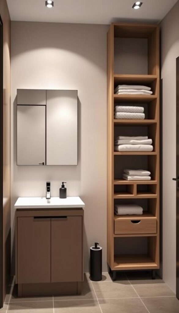 A modern and stylish bathroom interior with innovative storage solutions that seamlessly blend function and aesthetic. In the foreground, a vanity cabinet with minimalist design and hidden compartments for storing toiletries. The middle ground features a floating shelving unit with cleverly integrated drawers and cubbies, providing ample space for towels, bathroom essentials, and decorative accents. The background showcases a sleek and frameless mirror that creates an illusion of depth, complemented by task lighting that casts a warm, inviting glow. The overall atmosphere is one of refined simplicity, where every element contributes to a cohesive and visually appealing storage solution without sacrificing the overall style of the space. A modern and stylish bathroom interior with innovative storage solutions that seamlessly blend function and aesthetic. In the foreground, a vanity cabinet with minimalist design and hidden compartments for storing toiletries. The middle ground features a floating shelving unit with cleverly integrated drawers and cubbies, providing ample space for towels, bathroom essentials, and decorative accents. The background showcases a sleek and frameless mirror that creates an illusion of depth, complemented by task lighting that casts a warm, inviting glow. The overall atmosphere is one of refined simplicity, where every element contributes to a cohesive and visually appealing storage solution without sacrificing the overall style of the space.