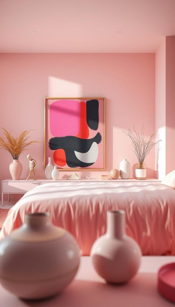 A modern and stylish pink bedroom, bathed in soft, diffused light. In the foreground, an abstract art piece dominates the wall, its bold shapes and vibrant hues creating a striking focal point. The middle ground features a carefully curated arrangement of ceramic vases, sculptures, and decorative objects, adding texture and visual interest. The background showcases a minimalist, contemporary design with clean lines and a neutral color palette, allowing the pink accents and artwork to shine. The overall atmosphere is one of tranquility and sophistication, inviting the viewer to imagine themselves relaxing in this serene and artfully designed space.