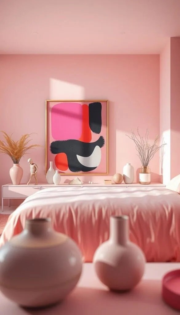 A modern and stylish pink bedroom, bathed in soft, diffused light. In the foreground, an abstract art piece dominates the wall, its bold shapes and vibrant hues creating a striking focal point. The middle ground features a carefully curated arrangement of ceramic vases, sculptures, and decorative objects, adding texture and visual interest. The background showcases a minimalist, contemporary design with clean lines and a neutral color palette, allowing the pink accents and artwork to shine. The overall atmosphere is one of tranquility and sophistication, inviting the viewer to imagine themselves relaxing in this serene and artfully designed space. A modern and stylish pink bedroom, bathed in soft, diffused light. In the foreground, an abstract art piece dominates the wall, its bold shapes and vibrant hues creating a striking focal point. The middle ground features a carefully curated arrangement of ceramic vases, sculptures, and decorative objects, adding texture and visual interest. The background showcases a minimalist, contemporary design with clean lines and a neutral color palette, allowing the pink accents and artwork to shine. The overall atmosphere is one of tranquility and sophistication, inviting the viewer to imagine themselves relaxing in this serene and artfully designed space.