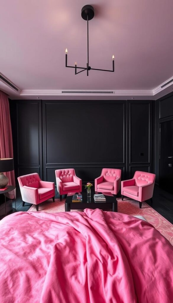 A modern black and pink bedroom with lush, sumptuous textiles. In the foreground, an inviting king-size bed with a plush, velvet-upholstered headboard in a deep, velvety black. Soft, silky pink sheets and duvet cover drape the bed, creating a cozy and indulgent atmosphere. In the middle ground, a pair of matching pink velvet armchairs flank a low, black lacquered coffee table, adorned with a pink and gold geometric patterned rug underfoot. The walls are painted in a matte black, providing a dramatic backdrop that makes the pink accents pop. Overhead, a sleek, minimalist chandelier casts a warm, ambient glow. The scene is captured with a wide-angle lens, showcasing the luxurious, modern aesthetic.