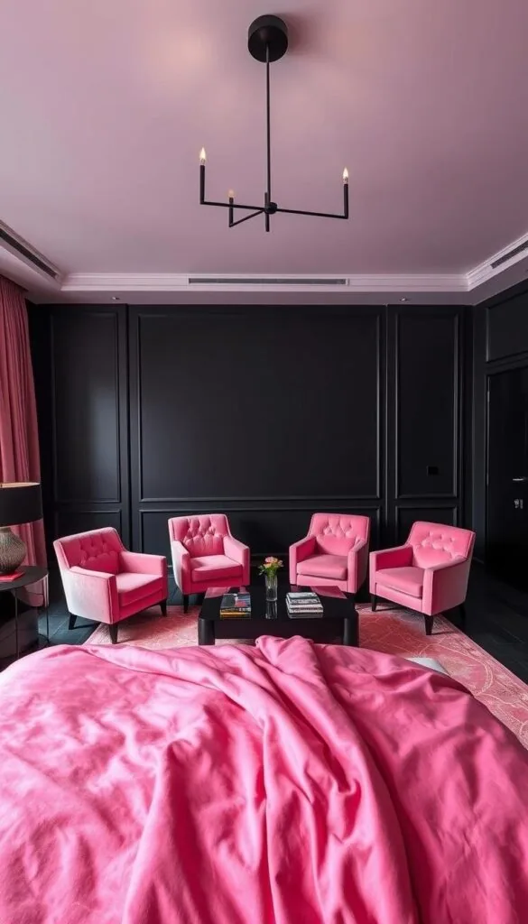 A modern black and pink bedroom with lush, sumptuous textiles. In the foreground, an inviting king-size bed with a plush, velvet-upholstered headboard in a deep, velvety black. Soft, silky pink sheets and duvet cover drape the bed, creating a cozy and indulgent atmosphere. In the middle ground, a pair of matching pink velvet armchairs flank a low, black lacquered coffee table, adorned with a pink and gold geometric patterned rug underfoot. The walls are painted in a matte black, providing a dramatic backdrop that makes the pink accents pop. Overhead, a sleek, minimalist chandelier casts a warm, ambient glow. The scene is captured with a wide-angle lens, showcasing the luxurious, modern aesthetic.