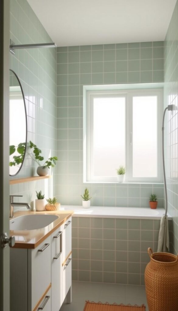 A modern, budget-friendly green bathroom with natural textures and warm lighting. Soft mint-green tiles cover the walls, complemented by a white vanity with wooden accents. A large window floods the space with natural light, casting a gentle glow on the minimalist decor. Potted plants and a woven basket add organic touches, while a sleek rainfall showerhead and simple chrome fixtures provide a clean, contemporary finish. The overall atmosphere is calming and serene, creating a spa-like retreat within a modest, but stylish setting.
