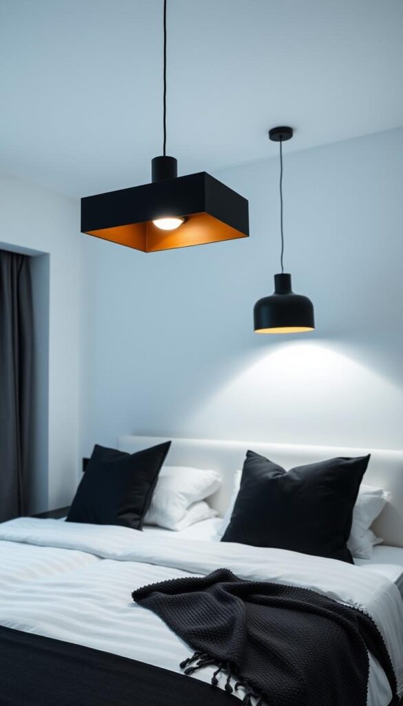 A modern, chic bedroom with a striking black and white color scheme. The focal point is a pair of sleek, minimalist pendant lights above the nightstands, casting a warm, ambient glow. The lighting fixtures feature a modern, geometric silhouette in a matte black finish, complementing the monochrome palette. The room is bathed in a soft, diffused light, creating a cozy and inviting atmosphere. The walls are a pristine white, while the bedding and accents, such as pillows and a throw, add pops of black for a balanced, sophisticated look. The overall mood is one of understated elegance and refined, contemporary style.
