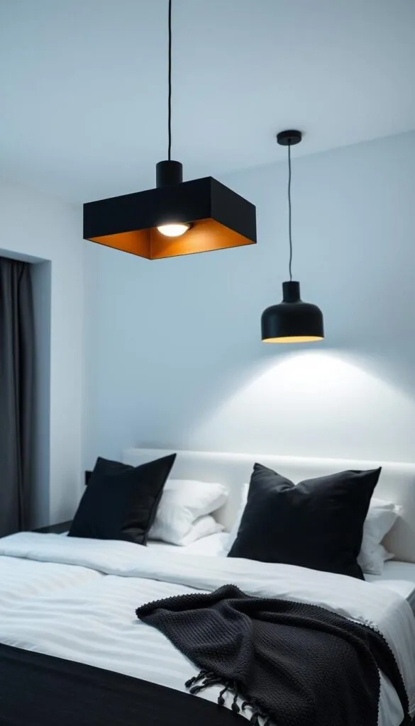 A modern, chic bedroom with a striking black and white color scheme. The focal point is a pair of sleek, minimalist pendant lights above the nightstands, casting a warm, ambient glow. The lighting fixtures feature a modern, geometric silhouette in a matte black finish, complementing the monochrome palette. The room is bathed in a soft, diffused light, creating a cozy and inviting atmosphere. The walls are a pristine white, while the bedding and accents, such as pillows and a throw, add pops of black for a balanced, sophisticated look. The overall mood is one of understated elegance and refined, contemporary style.