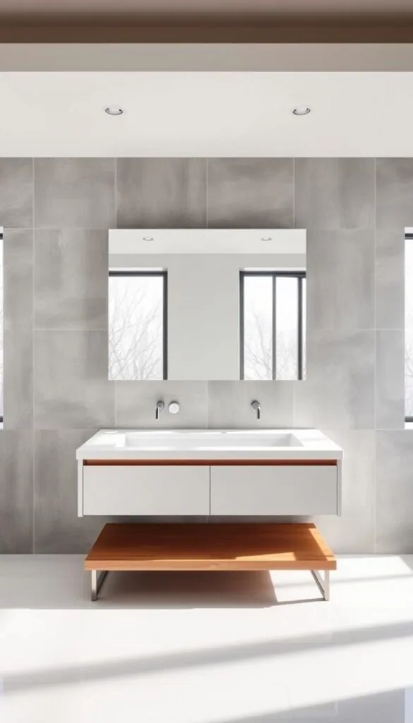 A modern, custom bathroom vanity in a bright, airy space. The vanity features clean lines, a sleek white countertop, and minimalist hardware. The mirror above is frameless, reflecting the natural light flooding in from large windows. The vanity is positioned against a gray tile wall, creating a serene and sophisticated atmosphere. The vanity's base is a warm-toned wood, adding a natural element to the design. Recessed lighting casts a soft glow, accentuating the vanity's elegant simplicity. The overall aesthetic is one of understated luxury, perfectly suited for a unique, contemporary bathroom.