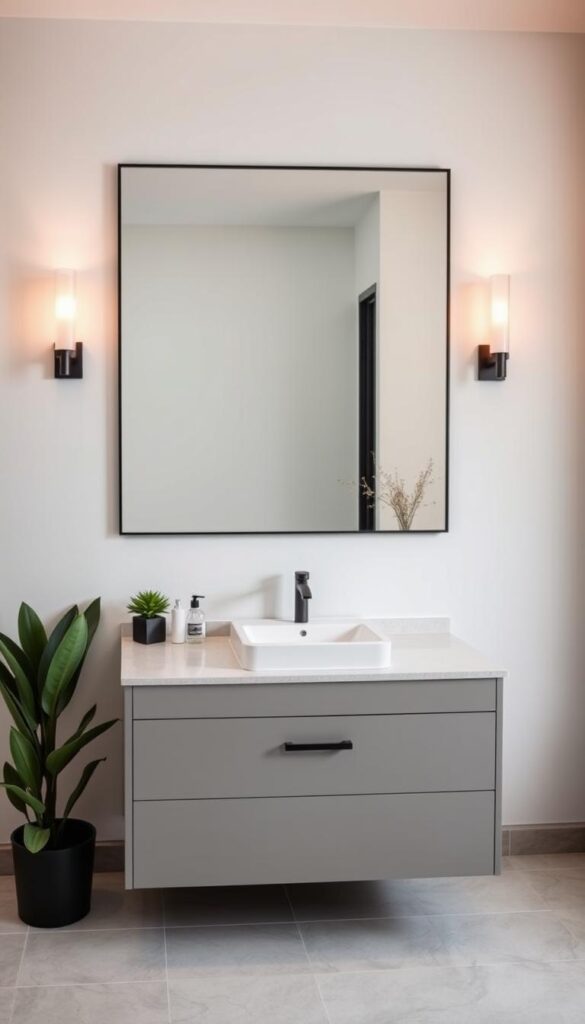 A modern, elegant bathroom with a sleek, minimalist design. A large, frameless mirror takes center stage, flanked by chic wall sconces that cast a warm, inviting glow. The vanity features a simple, white ceramic sink and clean-lined hardware, complemented by a matte black faucet. The floor is covered in neutral-toned tiles, creating a cohesive, visually appealing look. Potted plants and a small, decorative vase add a touch of natural, budget-friendly warmth. The overall atmosphere is one of sophistication and relaxation, showcasing how a stylish bathroom can be achieved without breaking the bank. A modern, elegant bathroom with a sleek, minimalist design. A large, frameless mirror takes center stage, flanked by chic wall sconces that cast a warm, inviting glow. The vanity features a simple, white ceramic sink and clean-lined hardware, complemented by a matte black faucet. The floor is covered in neutral-toned tiles, creating a cohesive, visually appealing look. Potted plants and a small, decorative vase add a touch of natural, budget-friendly warmth. The overall atmosphere is one of sophistication and relaxation, showcasing how a stylish bathroom can be achieved without breaking the bank.
