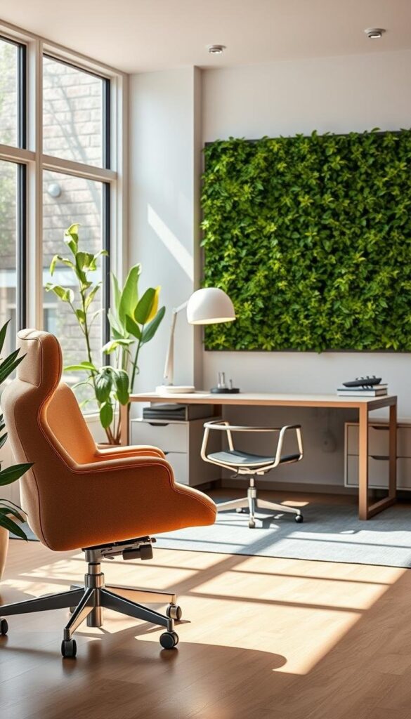 A modern, ergonomic office space flooded with natural light streaming through large windows. In the foreground, a plush, adjustable office chair in a warm neutral tone invites comfort and relaxation. Midground showcases a well-designed, minimalist L-shaped desk with clean lines and a sleek finish, accompanied by a statement-making, organically-shaped floor lamp casting a soft, diffused glow. The background features a feature wall adorned with lush, verdant greenery, bringing a refreshing, nature-inspired element to the serene, productivity-enhancing setting. The overall composition exudes a sense of balance, tranquility and elevated sophistication, perfectly capturing the essence of upgrading one's office for enhanced comfort and well-being. A modern, ergonomic office space flooded with natural light streaming through large windows. In the foreground, a plush, adjustable office chair in a warm neutral tone invites comfort and relaxation. Midground showcases a well-designed, minimalist L-shaped desk with clean lines and a sleek finish, accompanied by a statement-making, organically-shaped floor lamp casting a soft, diffused glow. The background features a feature wall adorned with lush, verdant greenery, bringing a refreshing, nature-inspired element to the serene, productivity-enhancing setting. The overall composition exudes a sense of balance, tranquility and elevated sophistication, perfectly capturing the essence of upgrading one's office for enhanced comfort and well-being.